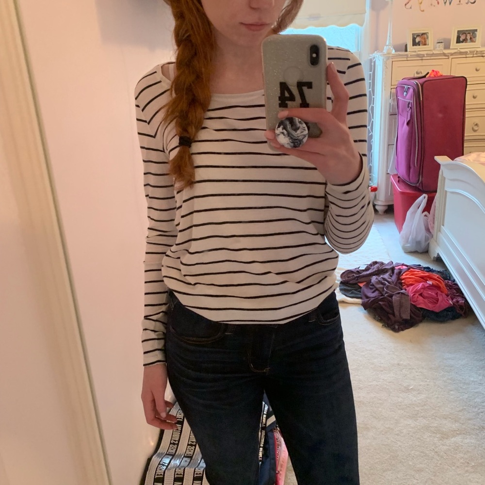 white and black striped long sleeve shirt